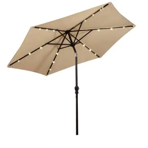 Photo 1 of 9 ft. Steel Market Solar Tilt Patio Umbrella with Crank and LED Lights in Beige
