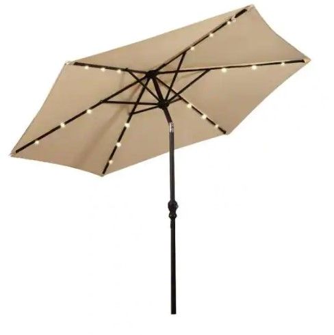 Photo 1 of 10 ft. Steel Market Solar Tilt Patio Umbrella with Crank and LED Lights in Beige
