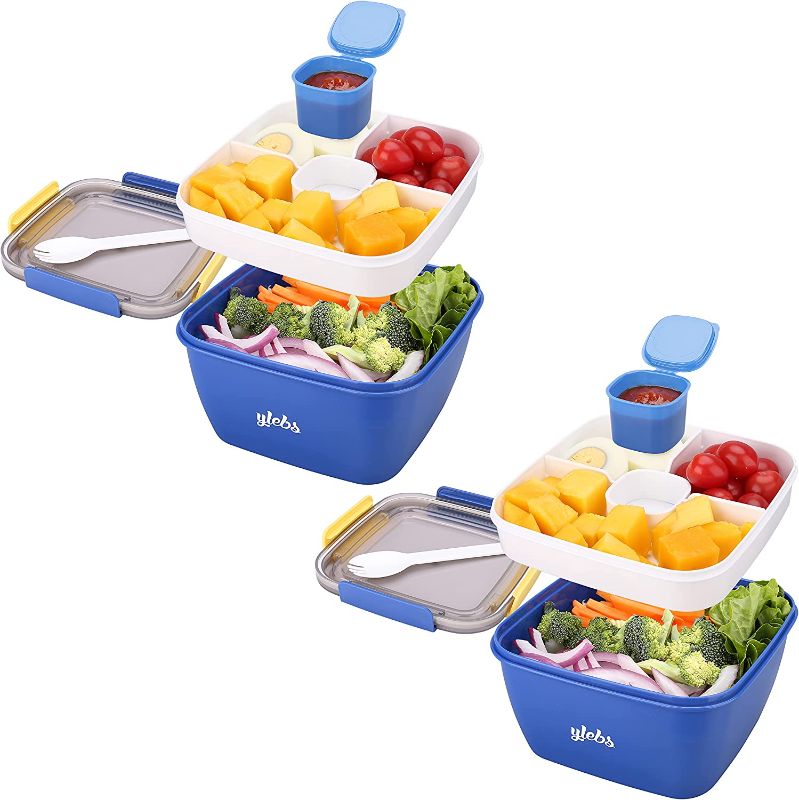 Photo 1 of 2 Pack Bento Box Adult Lunch Box,52-oz Salad Bowls,3 Compartment Tray with Salad Dressings Container,Used to Meal pre-prepare Food Fruit Snack,Leak Proof (Blue)
