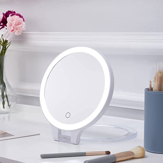 Photo 1 of (MISSING STAND) Foldable Double Sided Tabletop Mirror - Rechargeable Lighted Magnifying Mirror 10 X and 1X?3 Colors Light - Adjustable Foldable Handle for Makeup/Travel and Blackhead Removal.
