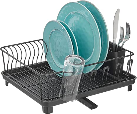 Photo 1 of (PUNCTURE TRAY) mDesign Alloy Steel Sink Dish Drying Rack Holder with Plastic Swivel Spout Drainboard Tray - Dish Rack/Dish Drainer Storage Organizer for Kitchen Counter - Concerto Collection, Bronze
