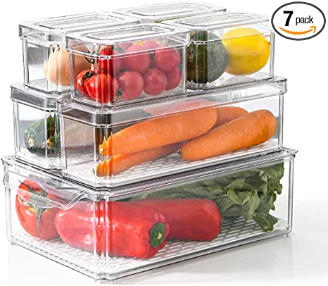 Photo 1 of (MISSING LG CONTAINER&Med LIDS) ESTIONES Fridge Organizer Bins with Sealing Lid, Set of 7 Plastic Stackable Pantry Organization and Storage Container Set with Handles for Food Drinks, Fruits, Vegetable
