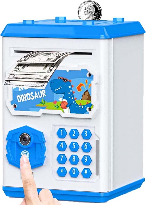 Photo 1 of (MISSING SIDE ATTACHMENT/MANUAL) Piggy Bank for Boys, Electronic Mini ATM Piggy Bank for Real Money Coin Bank with Face & Fingerprint Recognition, Password, Auto Scroll,Great Dinosaur Toys for Kids Birthday
