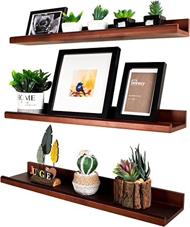 Photo 1 of Annecy Floating Shelves Wall Mounted Set of 3, 24 Inch Cherry Wood Ledge Shelves for Wall, Wall Storage Shelves with Guardrail Design for Bedroom, Bathroom, Kitchen, Office, 3 Different Sizes
