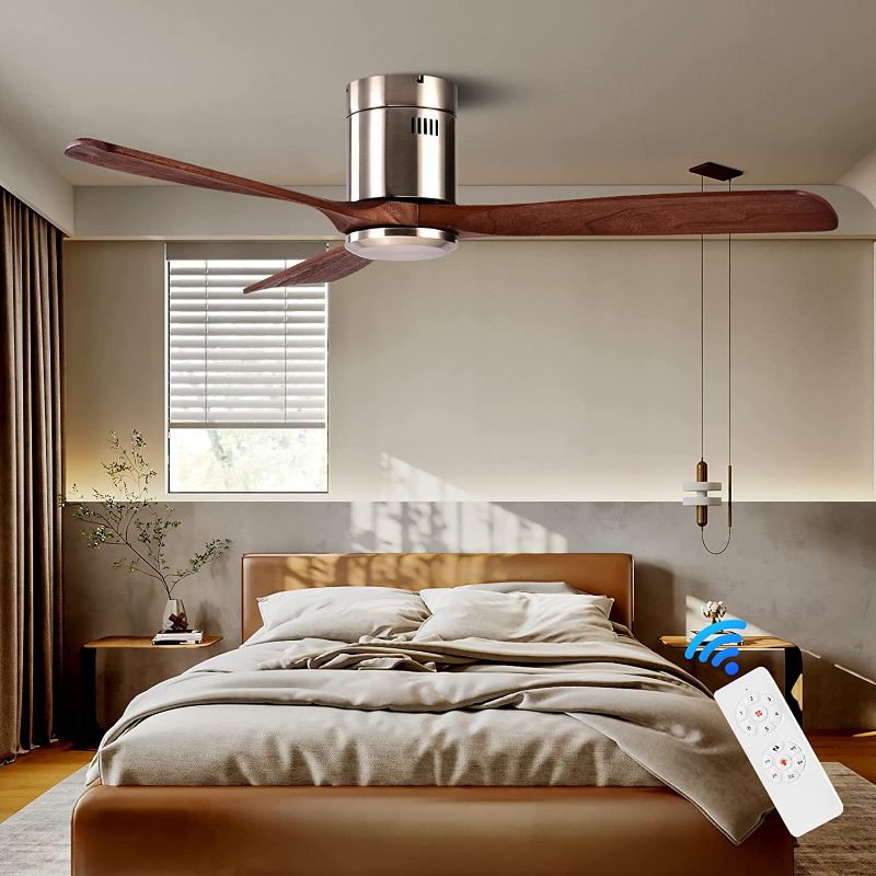 Photo 1 of 52" Noiseless Wood Ceiling Fan with Remote, 6 Speeds Low Profile Ceiling fan without Light, Moisture-proof Wood Flush Mount Ceiling Fan for Outdoor, Farmhouse, Bedroom, Living Room, FX 3180C,Silver
