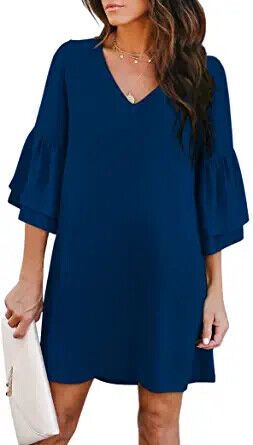 Photo 1 of BELONGSCI Women's Dress Sweet &amp; Cute V-Neck Bell Sleeve Shift Dress Mini Dress blue medium