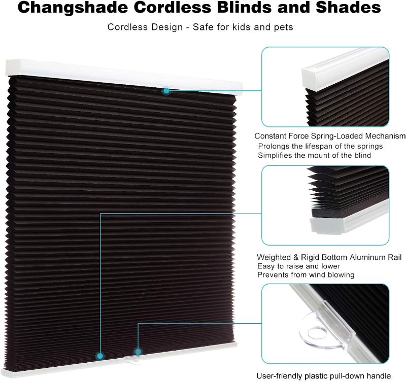 Photo 1 of Changshade Cordless Blackout Cellular Shade, Honeycomb Shade with The Diameter of 1.5 inch Honeycombs, Room Darkening Pleated Window Shade for Bedroom, Children Room, 36 inches Wide, Black CEL36BK72C
