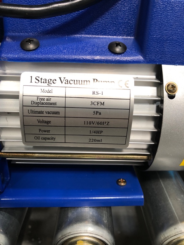 Photo 5 of VEVOR 3CFM Vacuum Pump Single Stage 3CFM HVAC Vacuum Pump 3CFM 1/4HP Vacuum Pump Air Conditioning with 1 Gallon Vacuum Degassing Chamber Vacume Chamber and Pump
