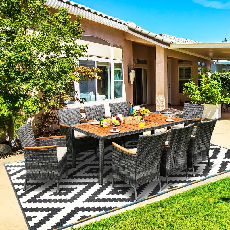 Photo 1 of ***BOX 3 OF 3 ONLY*** Tangkula 9 Pieces Patio Dining Set, Garden Acacia Wood and Wicker Furniture Set with 1 Rectangular Table & 8 Chairs with Cushions, Outdoor Rattan Dining Set for Patio, Yard, Poolside
