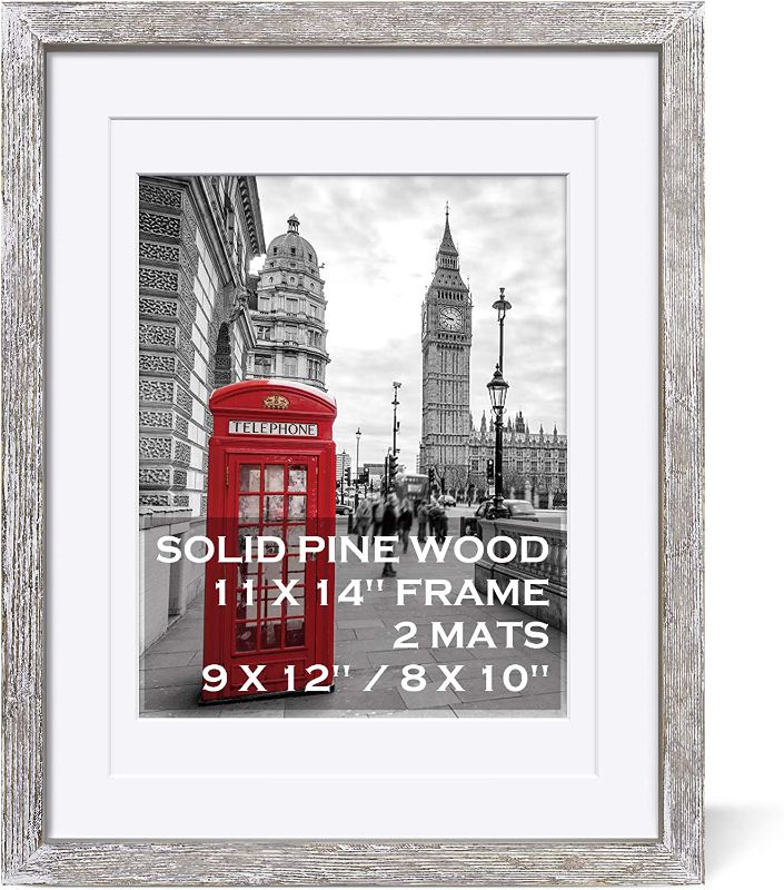 Photo 1 of 11x14 Rustic Picture Frames Solid Wood Distressed White - Display Pictures 9x12 or 8x10 with Mat or 11x14 Frame without Mat - Farmhouse Photo Frame 11x14 with 2 Mats for Wall Mounting or Table Top