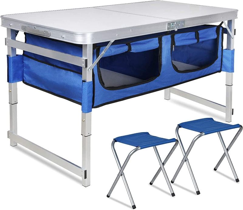 Photo 1 of Folding Camping Table with Storage - Portable Outdoor Aluminum Picnic Tables with Organizer and 2 Chairs, 3 Adjustable Heights, Lightweight Dining Table for Camp Beach Party BBQ
