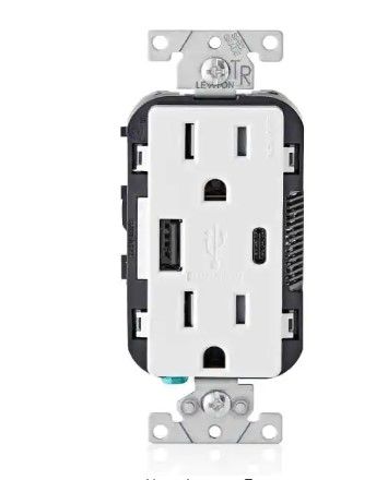 Photo 1 of 15 Amp Decora Tamper-Resistant Duplex Outlet with Type A and C USB Charger, White (2-Pack)
