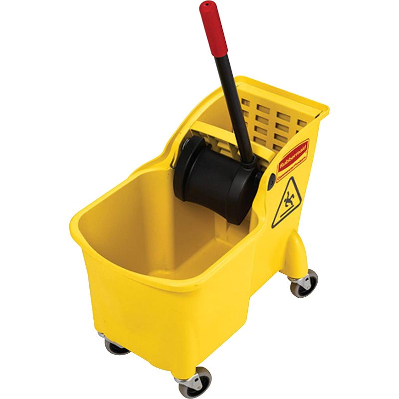 Photo 1 of **MINOR DAMAGE** Rubbermaid Commercial Products, Mop Bucket with Wringer on Wheels, Heavy Duty All-in-One Tandem Mopping Bucket, Yellow, 31 Quart (FG738000YEL)
