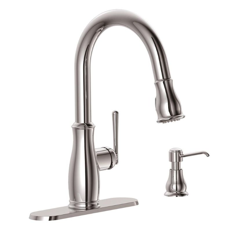 Photo 1 of **MISSING HARDWARE** Glacier Bay Kagan Single-Handle Pull-Down Sprayer Kitchen Faucet with Soap Dispenser in Chrome, Grey

