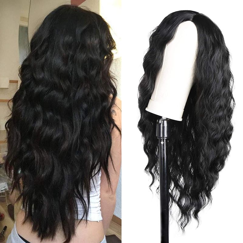 Photo 1 of Long Black Wavy Wig for Women Synthetic Natural Pastel Curly Wavy Wigs 26inch Middle Part Long Wave Heat Resistant Synthetic Wigs Party Daily Use
