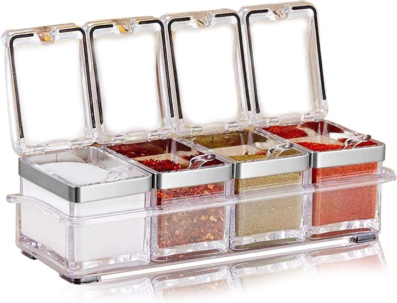 Photo 1 of Aogist Kitchen Spice Pots 4 Pieces Clear Seasoning Box, Storage Container Condiment Jars Acrylic Seasoning Box with Cover and Spoon
