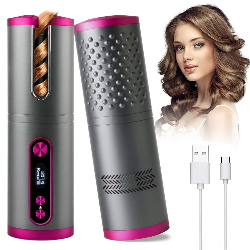 Photo 1 of Cordless Auto Curler, Auto Curlers Wand , Auto Hair Curler with LCD Temperature Display and Timer, Auto Shut-Off Portable Curling Wand,USB Rechargeable Travel Curling Iron(Gray)
