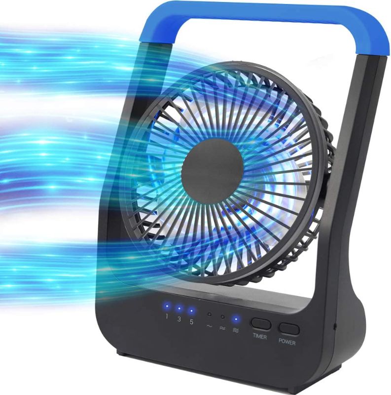 Photo 1 of Battery Operated Fan, Camping Fan Battery Powered, Super Long Lasting, Portable D-Cell Battery Powered Desk Fan with Timer, 3 Speeds, Quiet, 180° Rotation, for Office,Bedroom,Outdoor, 5'', Blue
