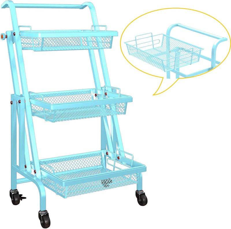 Photo 1 of 3 Tier Utility Rolling Cart with Mesh Basket Kitchen Storage Organizer Cart with Wheels Metal Organizer Stand
