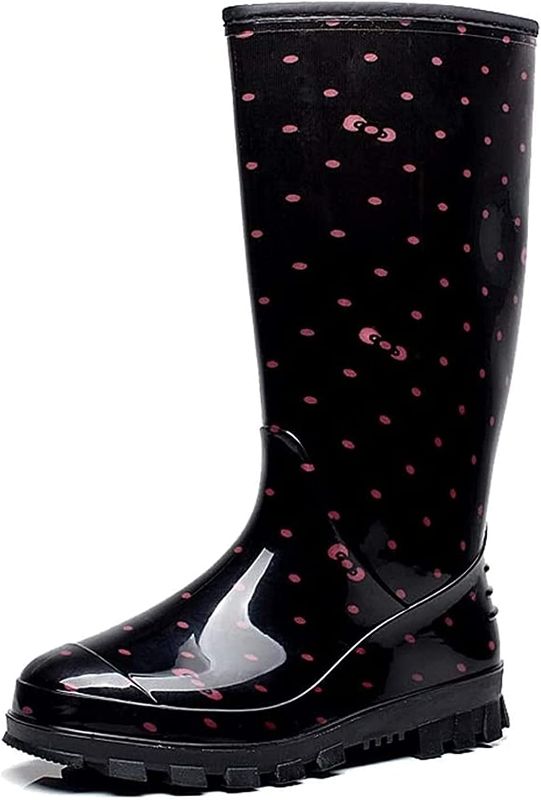 Photo 1 of HUILUN Rubber rain Boots Women' s Mid- high Rain Boots Non- Slip Fashion Shiny Rain Boots Comfortable and Durable Rain Boots (Color : Black Pink Dots, Size : 39 EU)
