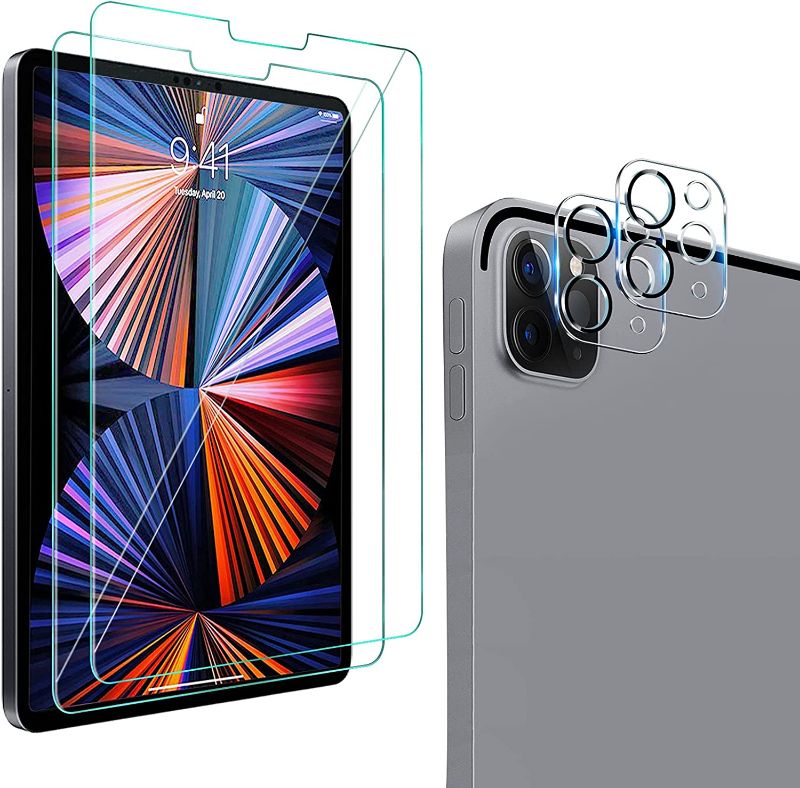 Photo 1 of [2+2 Pack] QHOHQ Tempered Glass Screen Protector for iPad Pro 12.9 2020 4th ? 2021 5th with Camera Lens Protector, 9H Hardness, HD, Anti-Scratch, Case Friendly, Compatible with Face ID ? Apple Pencil
