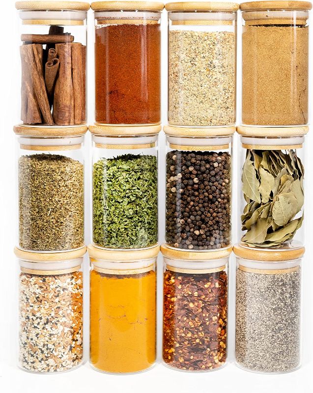 Photo 1 of 12 Natural Bamboo Spice Jars (8.5 OZ) - Large Glass Spice Jars with Bamboo Lids - Kitchen Jars with Airtight Lids - Spice Container Set - Spice Bottles Seasoning Containers Storage Jars with Lids
