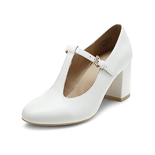 Photo 1 of DREAM PAIRS Low Chunky Heels for Women DPU211 T-Strap Mary Jane Pumps Closed Toe Wedding Dress Shoes White PU Size 7.5
