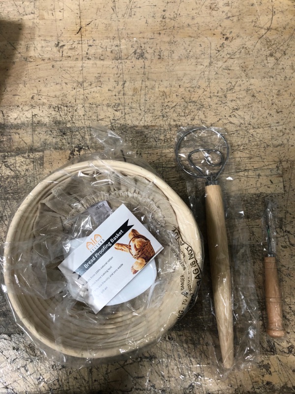 Photo 2 of 9 inch Banneton Bread Proofing Kit : Sourdough Bread Maker Danish dough Whisk Large Wicker Basket + Bread Scorer Lame + Dough Scraper Tool + Linen Liner Cloth + Banneton Proofing Basket
