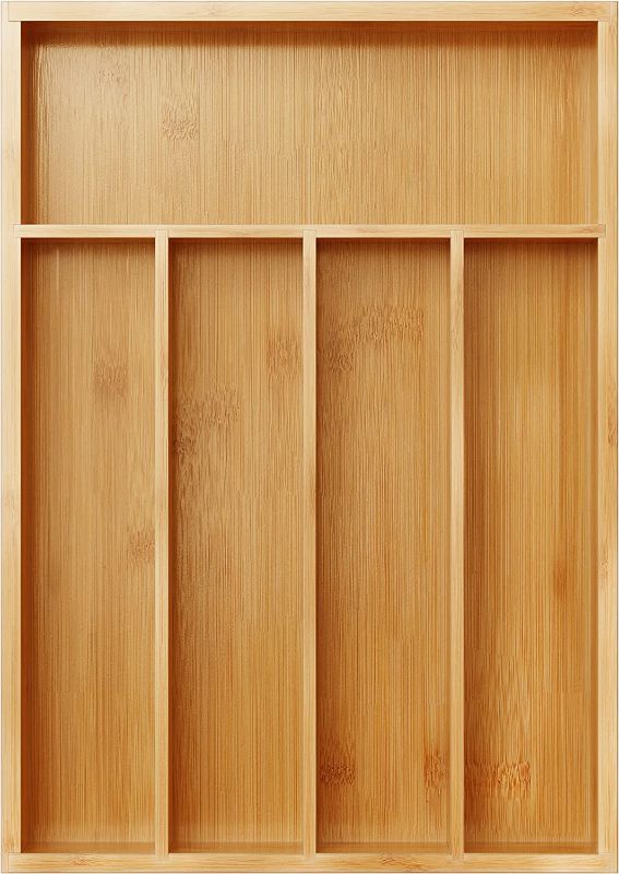 Photo 1 of BAMEOS Utensil Drawer Organizer, Cutlery Tray Desk Drawer Organizer Silverware Holder Kitchen Knives Tray Drawer Organizer, 100% Pure Bamboo Cutlery in Natural Color (9.75)
