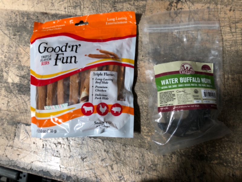 Photo 3 of 2 ITEM BUNDLE-- Wild Eats Water Buffalo Horn & Tuffie No Hide Dog Bones & Dog Chews - Various Sizes (All Natural, Single Source Protein, Grain Free Dog Treat, Long Lasting Dog Chews & Dog Bones for Aggressive Chewers + Good 'n' Fun 12 Oz Triple Flavor Rib