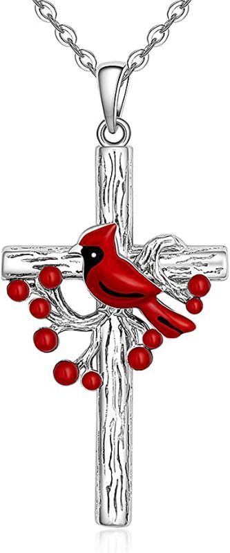 Photo 1 of Cardinal Necklace for Women Cross Red Cardinal Jewelry Gifts Sterling Silver Bird Pendant Sympathy Memorial Necklace for Loss of Loved One