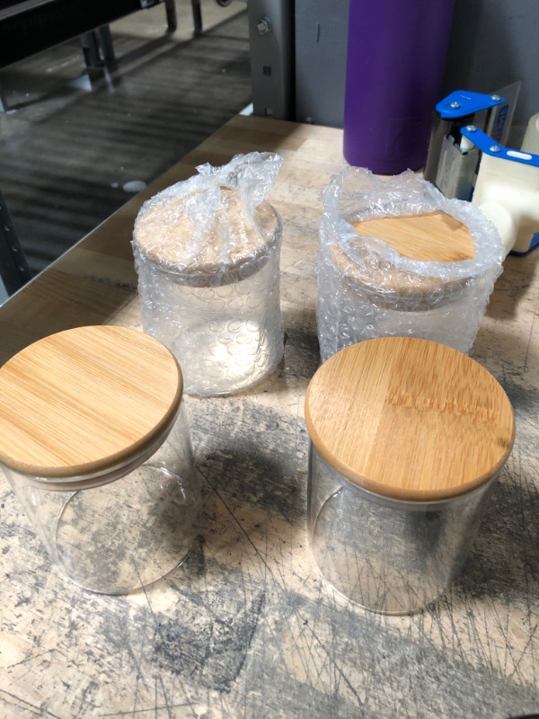 Photo 1 of 4 Piece Clear Glass Canister Food Storage Jar With Airtight Wood Lids Air Tight Storage Containers for Coffee Bean Loose Leaf Tea Containers Sugar Cookies Dry Fruit Nuts Candy Jars size 250ML/8.5oz
