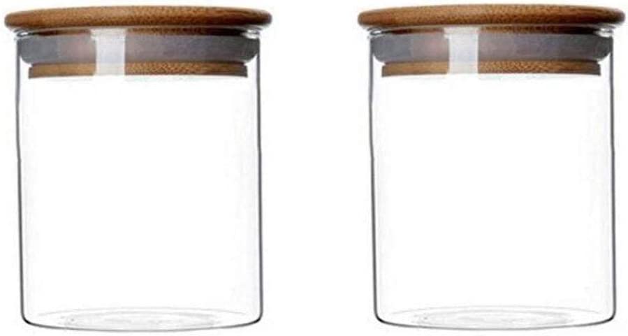 Photo 1 of 4 Piece Clear Glass Canister Food Storage Jar With Airtight Wood Lids Air Tight Storage Containers for Coffee Bean Loose Leaf Tea Containers Sugar Cookies Dry Fruit Nuts Candy Jars size 250ML/8.5oz