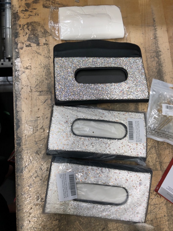 Photo 1 of 3 PACK BlingSHD Bling Bling Car Visor Tissue Box Holder Rhinestone Leather Paper Towel Cover Case for Women-Silver