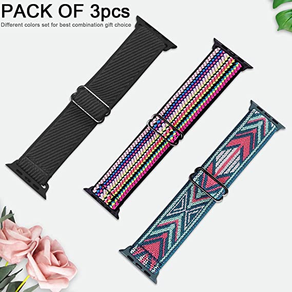 Photo 1 of (7 PACK IWATCH BAND BUNDLE) LANGXIAN 3 Pack Nylon Elastic Strap Compatible with Apple Watch Bands 45MM 42MM 44MM for Women Men,Adjustable Stretchy Braided iWatch Band for Series 7/6/5/4/3/2/1/SE (Boho Rainbow/Black/Green Arrow), AND 2 2PACKS OF NYLON IWAT