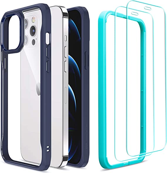 Photo 1 of (3 ITEM BUNDLE) ESR Hybrid Sidekick Compatible with iPhone 12 Case and iPhone 12 Pro Case with 2 Tempered Glass Screen Protectors [Anti-Yellowing Hard Back] [Shockproof Protection] [Ergonomic Bumper], 6.1", Blue + Zagg ZAGG GlassFusion+ Screen Protector f