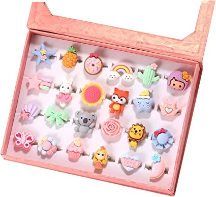 Photo 2 of (3 ITEM BUNDLE) PinkSheep Little Girl Jewel Rings in Box, Adjustable, No Duplication, Girl Pretend Play and Dress Up Rings (24 Surface Ring) + Butterfly / Loveheart 3D Nail Art Stickers Glitter Sequins, 24Grids Holographic Nail Art Stickers Decals, Nail A