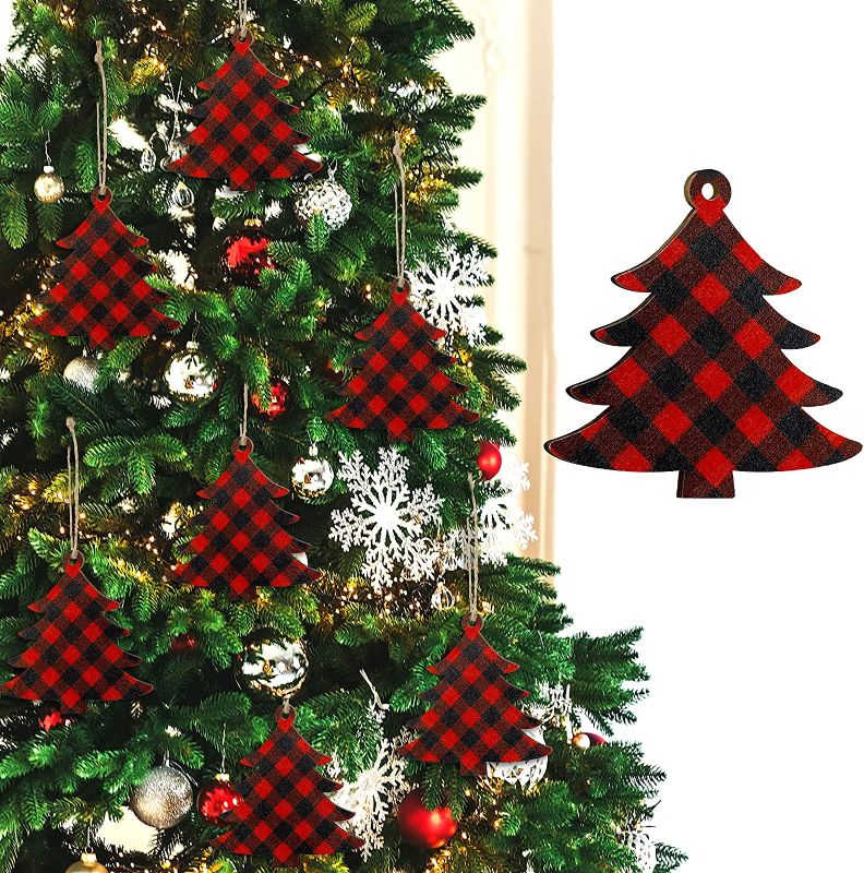Photo 1 of (3 ITEM BUNDLE./ 99 PIECE SET) 2 BOXES OF Thyle 48 Pieces Buffalo Plaid Christmas Tree Ornaments Holiday Plaid Trees Slice Christmas Tree Shape Buffalo Slices Wooden Holiday Trees Cutout Wood Tree Decorative Ornaments for Christmas Ornament + Set of 3 Hol