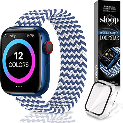 Photo 2 of (3 APPLE WATCH WRISTBANDS) 2 Sloop Braided Solo Loop strap, sport Band for women & man, Compatible with Apple Watch - Suitable for iWatch Series 6/5/4/3/2/1/SE Models - Durable, Suitable for Daily Use - Comfortable & Elastic Fit IN GREEN (42MM) + 1 IN BLU