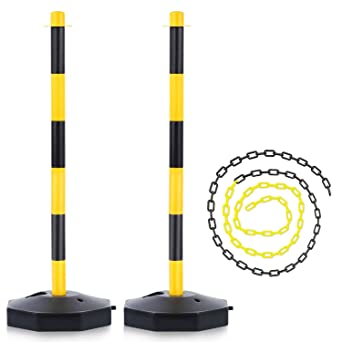 Photo 1 of [2 Pack] Traffic Delineator Post Cones with Fillable Base, Portable Parking Pole Barrier with 8ft Chain, Traffic Safety Delineator for Parking Lot, Construction Lot (Black&Yellow)