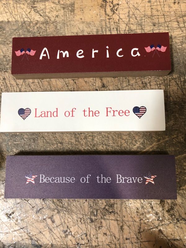 Photo 2 of 4th of July Patriotic Decorations Wooden Block Signs, America Land of the Free Because of the Brave Theme Farmhouse Tiered Tray Decor for Mantel Decor, Home Decor, Desk and Shelf Decorations