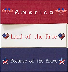 Photo 1 of 4th of July Patriotic Decorations Wooden Block Signs, America Land of the Free Because of the Brave Theme Farmhouse Tiered Tray Decor for Mantel Decor, Home Decor, Desk and Shelf Decorations