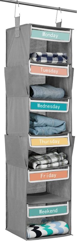 Photo 1 of 6-Shelf Weekly Hanging Closet Organizer, 47.2×12.2×12.2 INCH Collapsible Weekday Kids Closet Storage Organizer Daily Kids Clothes Organizer Hanging Closet Shelves with 4 Side Pockets, Grey
