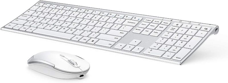 Photo 1 of Wireless Keyboard and Mouse, Vssoplor 2.4GHz Rechargeable Compact Quiet Full-Size Keyboard and Mouse Combo with Nano USB Receiver for Windows, Laptop, PC, Notebook-White and Silver