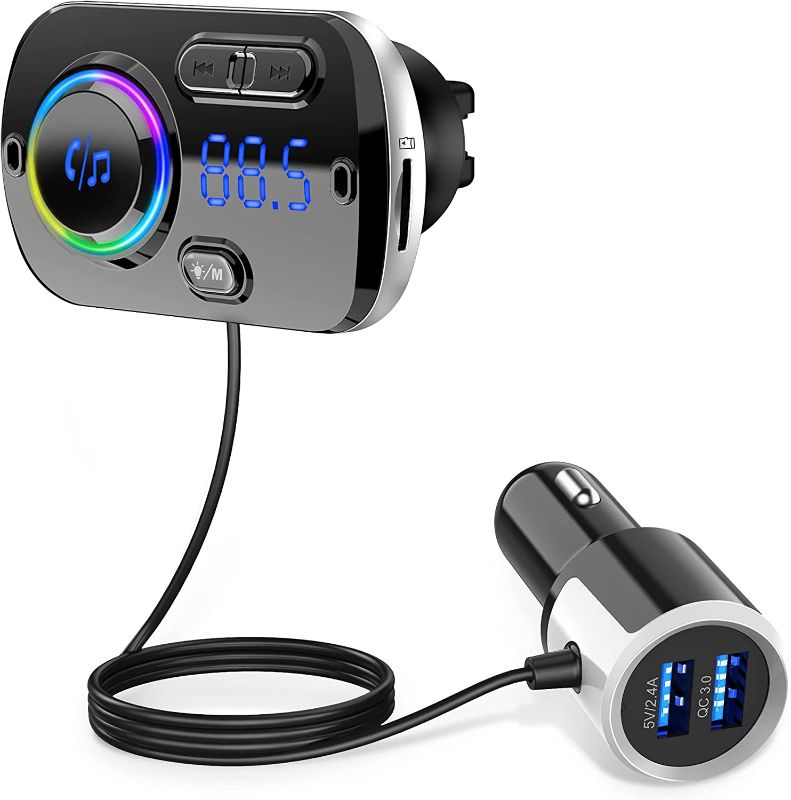 Photo 1 of Bluetooth Car Adapter, Wireless Bluetooth 5.0 FM Transmitter for Car, QC 3.0 Fast Car Charger, MP3 Music Player Hand-Free Call 7 Colors LED Backlit Dual USB Ports TF Card AUX
