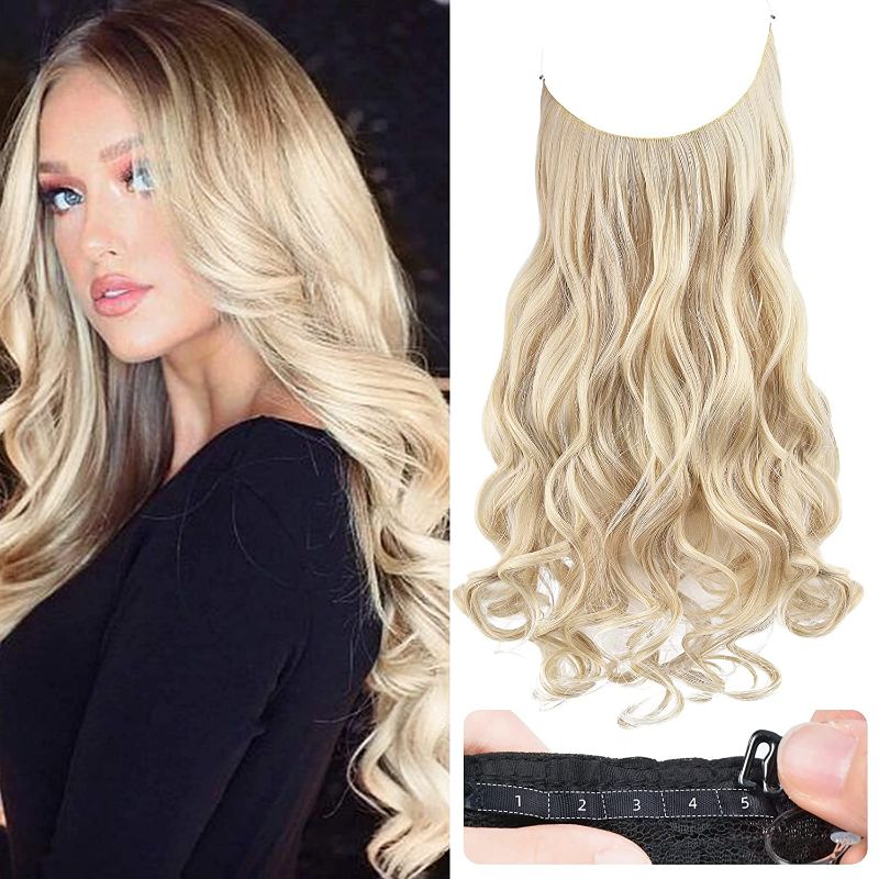 Photo 1 of REECHO Invisible Wire Hair Extensions with Transparent Headband Adjustable Size Removable Secure Clips in Curly Wavy Secret Hairpiece for Women 24 Inch - Light Blonde
