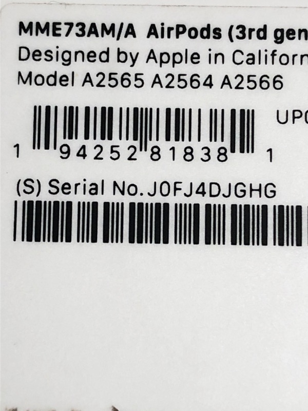 Photo 3 of Apple AirPods True Wireless Bluetooth Headphones (3rd Generation)
serial number J0FJ4DJGHG
