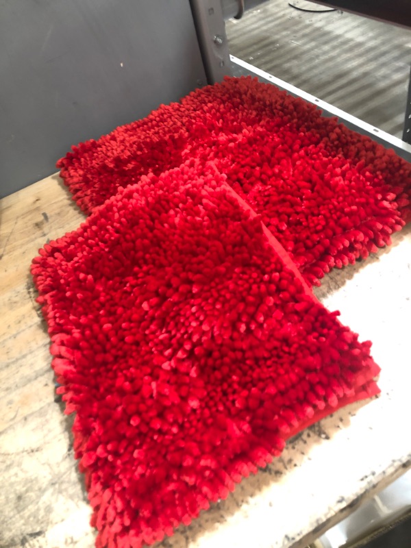 Photo 2 of  Bathroom Rugs Bath Mat Rug Set 2 Piece Butter Chenille for Powder Room, Shiny Noodle Bathroom Mats with Non Slip Backing, Super Water Absorbent Machine Washable 31x20 and 24x16 Inch, Bright Red
