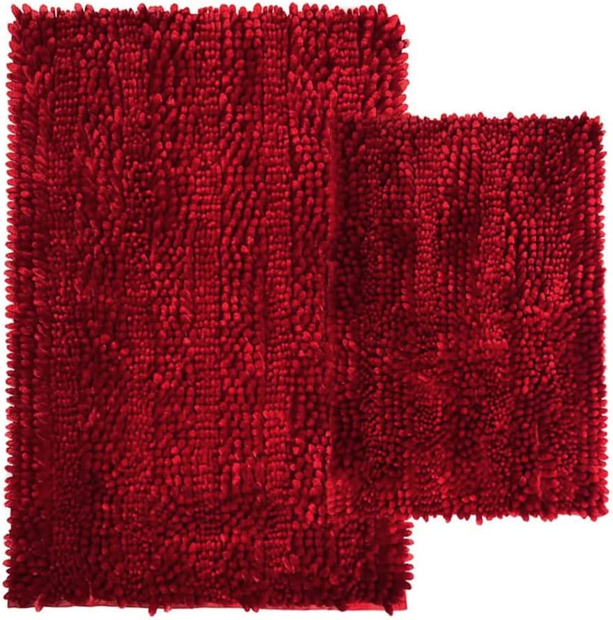 Photo 1 of  Bathroom Rugs Bath Mat Rug Set 2 Piece Butter Chenille for Powder Room, Shiny Noodle Bathroom Mats with Non Slip Backing, Super Water Absorbent Machine Washable 31x20 and 24x16 Inch, Bright Red

