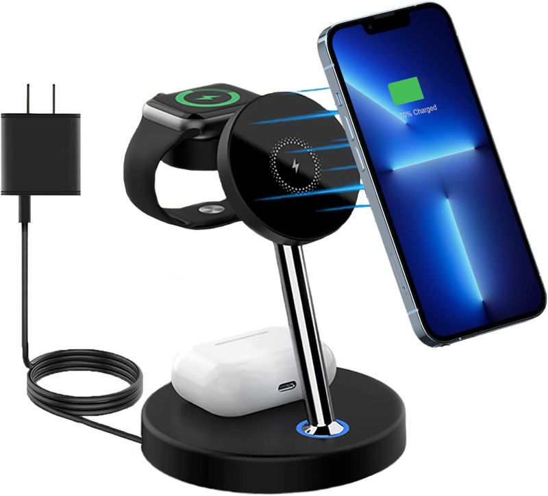 Photo 1 of 3 in 1 Magnetic Wireless Charging Station, iPhone 15W Wireless Charger, Compatible with iPhone 13/12/Pro/Max/Mini, Wireless Charging Stand for iWatch Series 7/SE/6, AirPods 3/2/pro
